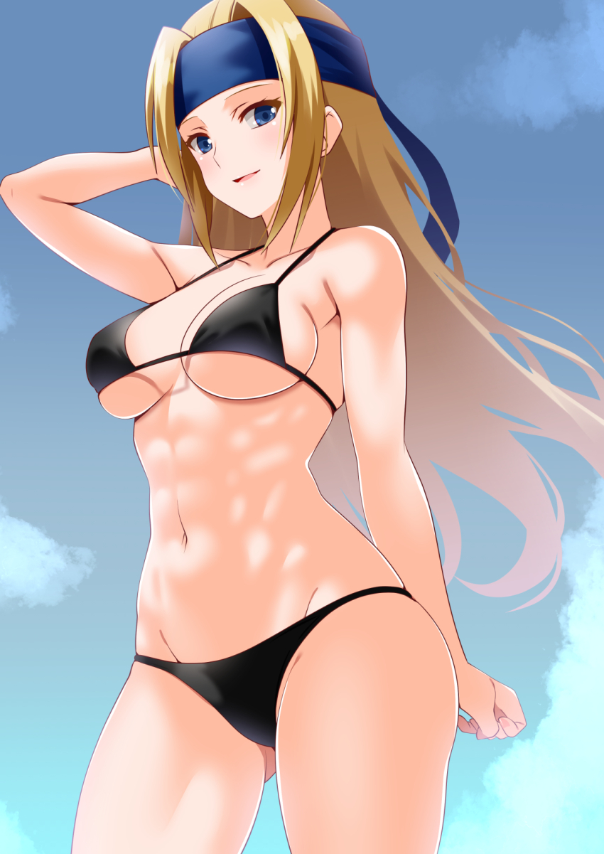 1girl abs bakumatsu_rouman bikini black_bikini blonde_hair blue_headband blue_sky breasts cloud collarbone commission day engo_(aquawatery) headband highres large_breasts navel parted_lips pixiv_commission sky standing stomach swimsuit thighs tongue underboob yuki_(bakumatsu_rouman)