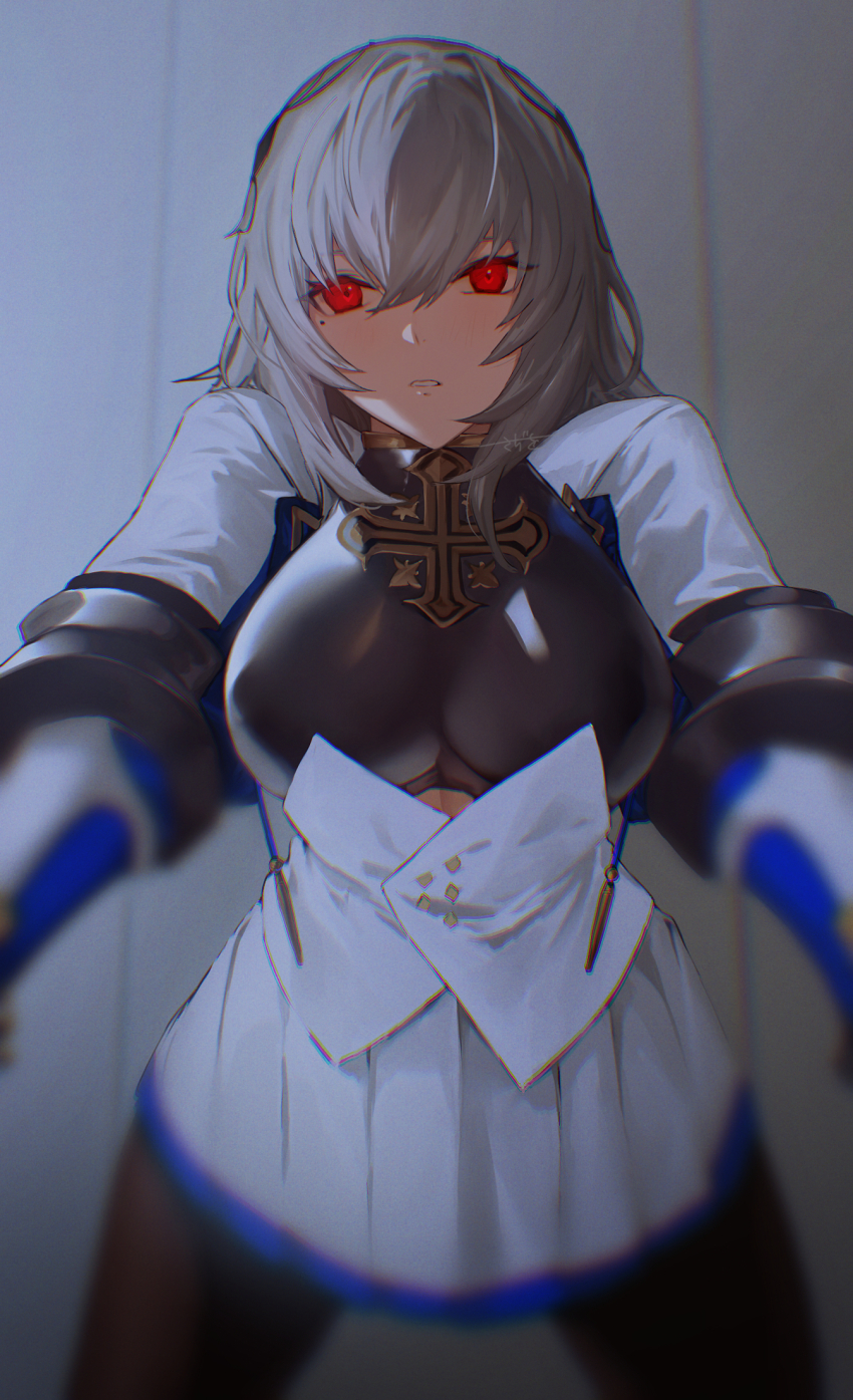 1girl azur_lane blurry brown_pantyhose commentary_request grey_hair hair_between_eyes highres leaning_forward long_hair long_sleeves looking_at_viewer miniskirt mole mole_under_eye outstretched_arms pantyhose pleated_skirt reaching reaching_towards_viewer red_eyes sadiwosan saint-louis_(azur_lane) skirt solo spread_legs standing white_skirt
