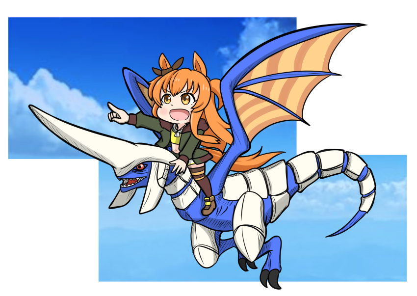 1girl absurdres animal_ears aonoji blue_dragon_(panzer_dragoon) bomber_jacket bow brown_bow brown_jacket brown_thighhighs chibi crop_top dragon riding_dragon ear_bow highres horse_ears horse_girl horse_tail jacket long_hair long_sleeves mayano_top_gun_(umamusume) midriff navel orange_eyes orange_hair panzer_dragoon pointing riding shirt sky tail thighhighs two_side_up umamusume yellow_shirt