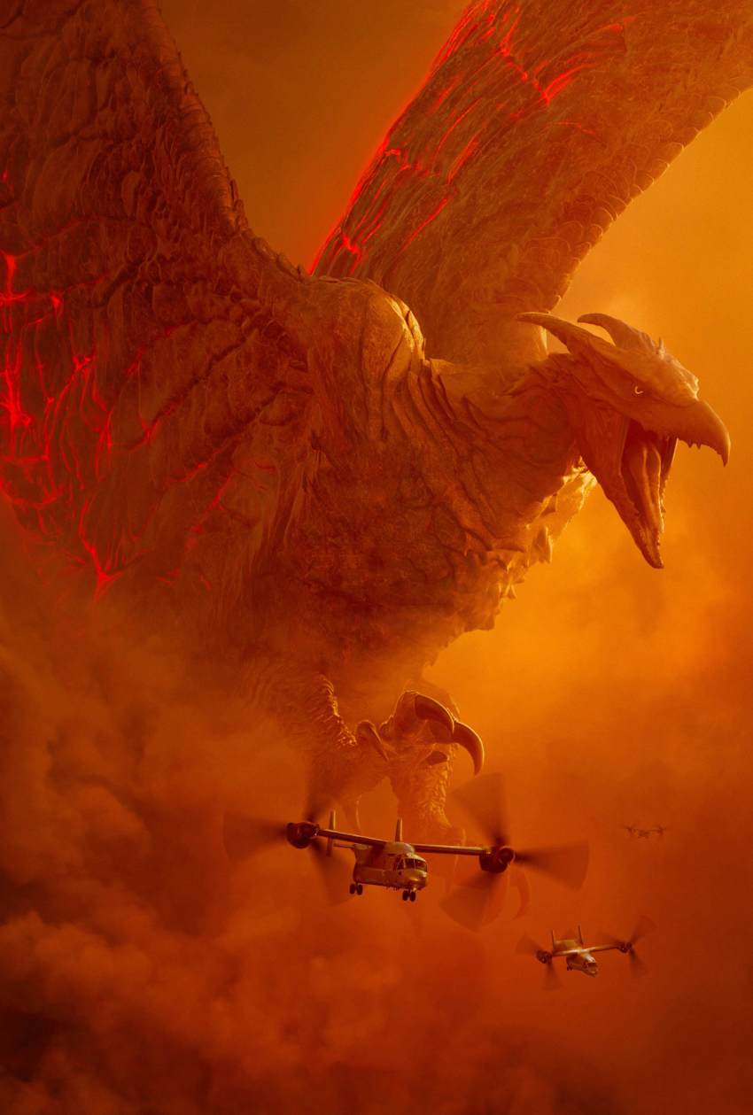 absurdres aircraft bell_helicopter bioluminescence boeing boeing_defense,_space_&amp;_security cloud elemental_(creature) energy epic fire_elemental giant giant_monster glowing glowing_eyes godzilla:_king_of_the_monsters godzilla_(series) highres horns kaiju legendary_pictures military military_transport_aircraft military_vehicle lava monster monsterverse movie_poster official_art pterosaur rodan tiltrotor toho v-22_osprey vtol wings
