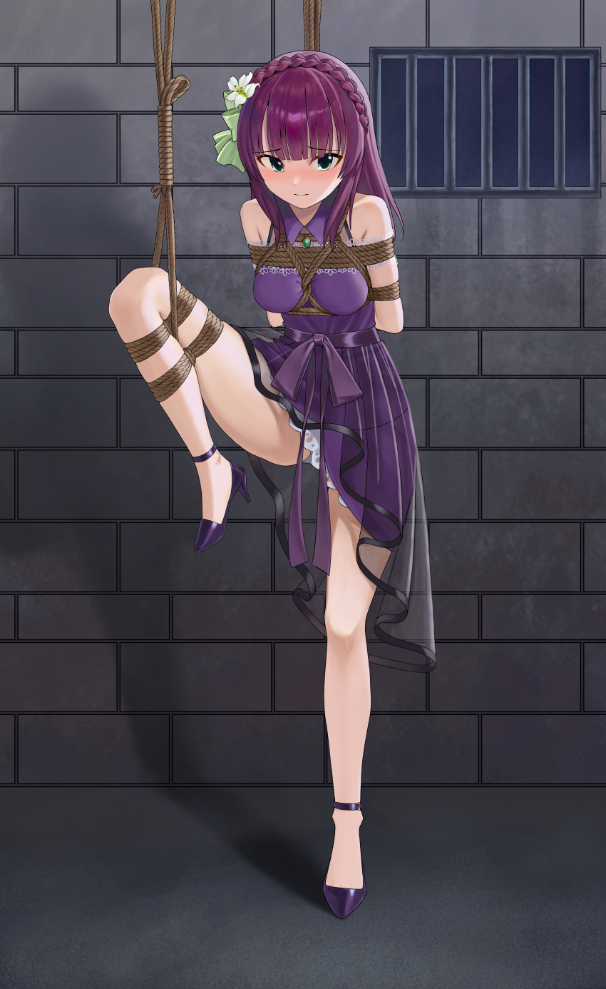1girl absurdres alternate_costume alternate_hairstyle angel_beats! arms_behind_back bare_shoulders barred_window bdsm blunt_bangs blush bondage bound bound_arms bound_legs bow braid breasts cap_(user_dxfj5558) chinese_commentary closed_mouth collared_dress commentary_request crown_braid dress dress_bow embarrassed flower formal_clothes full_body furrowed_brow green_bow green_eyes hair_bow hair_flower hair_ornament high_heels highres indoors looking_at_viewer medium_breasts medium_dress medium_hair nakamura_yuri no_socks nose_blush purple_bow purple_dress purple_hair purple_shoes shibari shoes sleeveless sleeveless_dress solo standing standing_on_one_leg straight_hair thighs tsurime white_flower window
