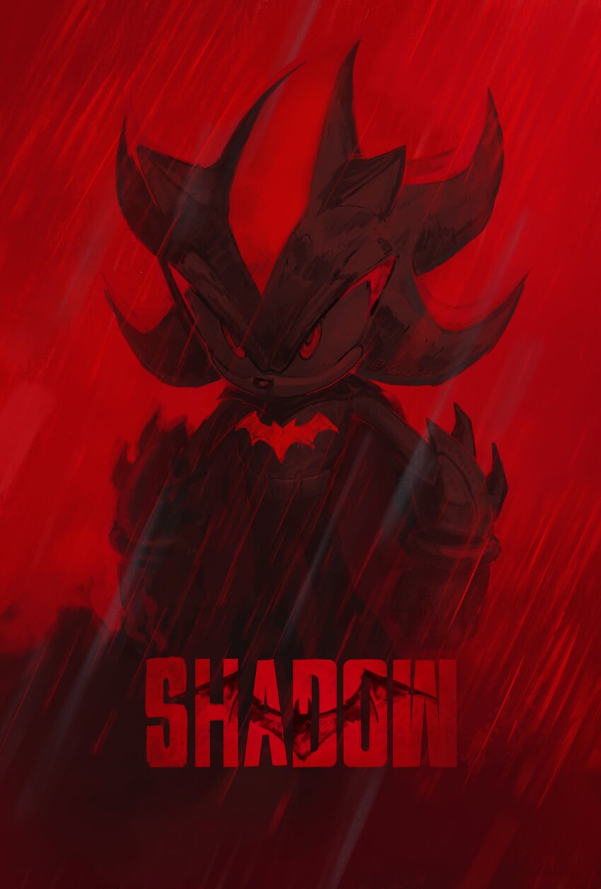 1boy absurdres alternate_costume batman batman_(cosplay) batman_(series) clenched_hands commentary cosplay dc_comics english_commentary english_text furry furry_male glaring highres kornart male_focus parody rain red_eyes red_theme shadow_the_hedgehog solo sonic_(series) the_batman_(2022)