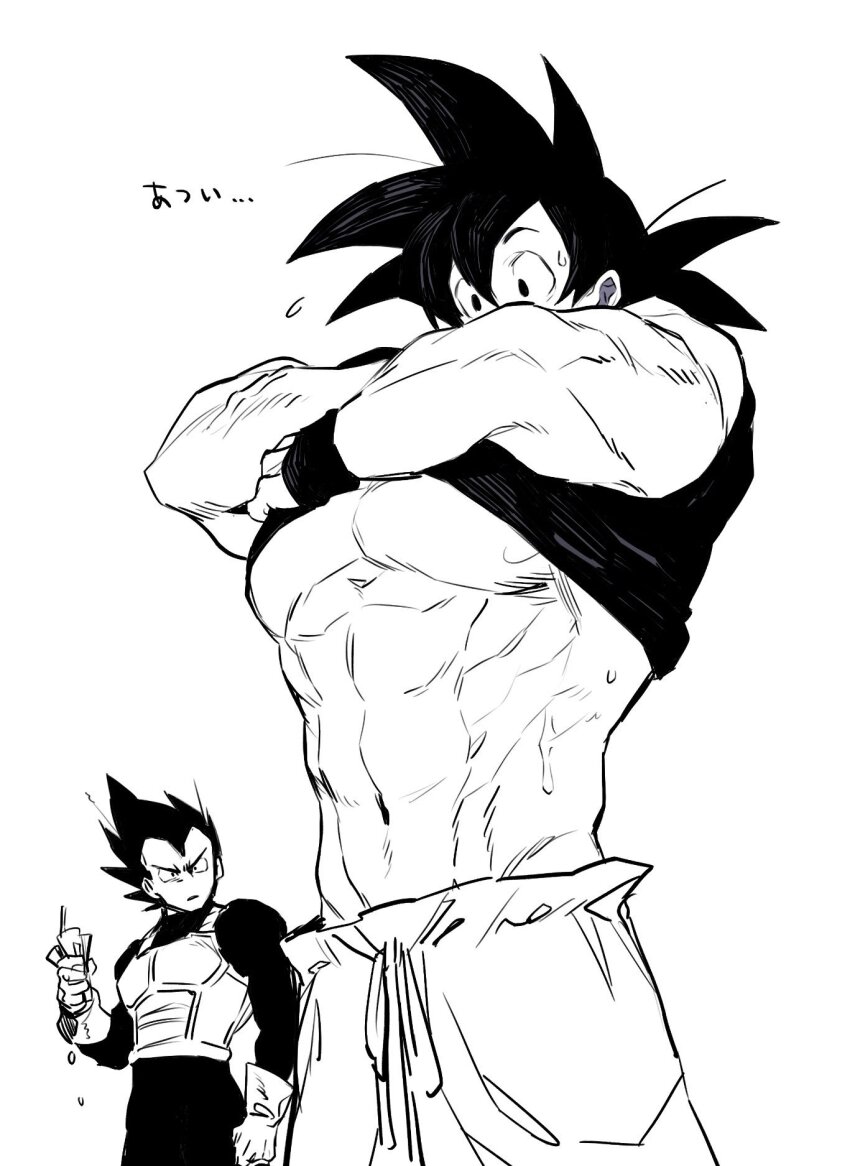 2boys abs bara clothes_lift crushed_can dougi dragon_ball dragonball_z flying_sweatdrops from_below frown greyscale highres large_pectorals lifting_own_clothes looking_at_pectorals male_focus monochrome multiple_boys muscular muscular_male no_alert2038 pectorals shirt_lift short_hair son_goku spiked_hair sweat thick_eyebrows translation_request underpec undressing vegeta yaoi