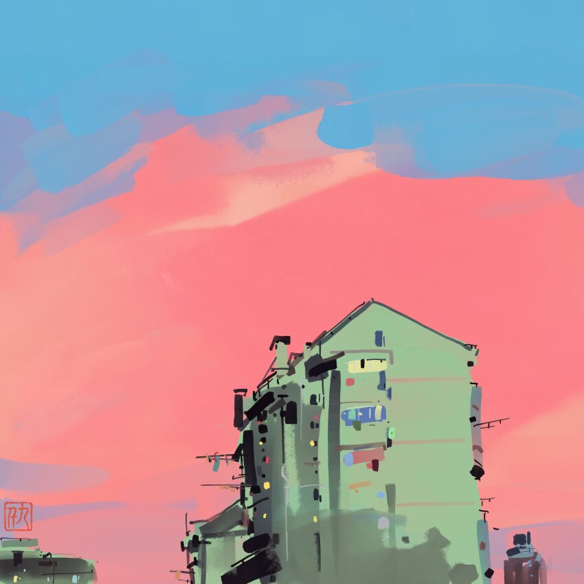 absurdres apartment blue_sky building city day highres neo1900 no_humans original outdoors pink_sky scenery sky sky_focus urban