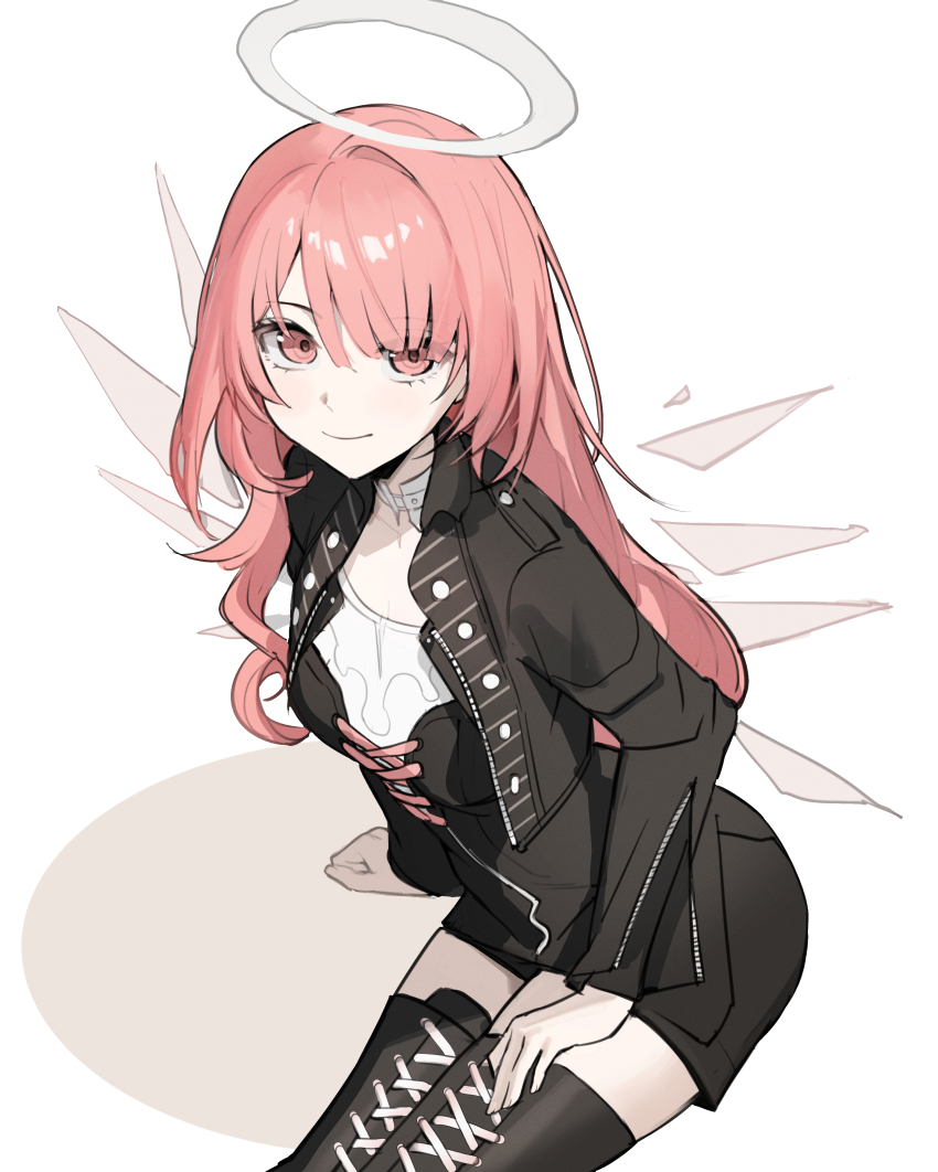 1girl absurdres arknights beruko14 black_boots black_jacket black_skirt boots closed_mouth commentary_request cowboy_shot detached_wings dot_mouth energy_wings grey_halo halo hand_on_own_thigh highres jacket lemuen_(arknights) long_hair long_sleeves looking_at_viewer open_clothes open_jacket pink_eyes pink_hair simple_background sitting skirt smile solo thigh_boots traditional_halo white_background wings zipper