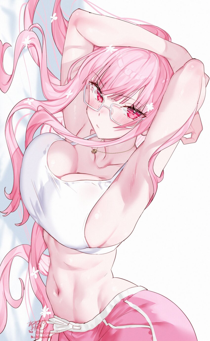 1girl absurdres arm_above_head armpits arms_up artist_name blush bra breasts closed_mouth collarbone commentary english_commentary flower glasses hair_flower hair_ornament highres hololive hololive_english jewelry kamiya_maneki large_breasts long_hair looking_at_viewer lying mori_calliope navel necklace on_side pink_eyes pink_hair pink_shorts shorts signature simple_background skull_necklace solo stomach twitter_username underwear virtual_youtuber white-framed_eyewear white_background white_bra