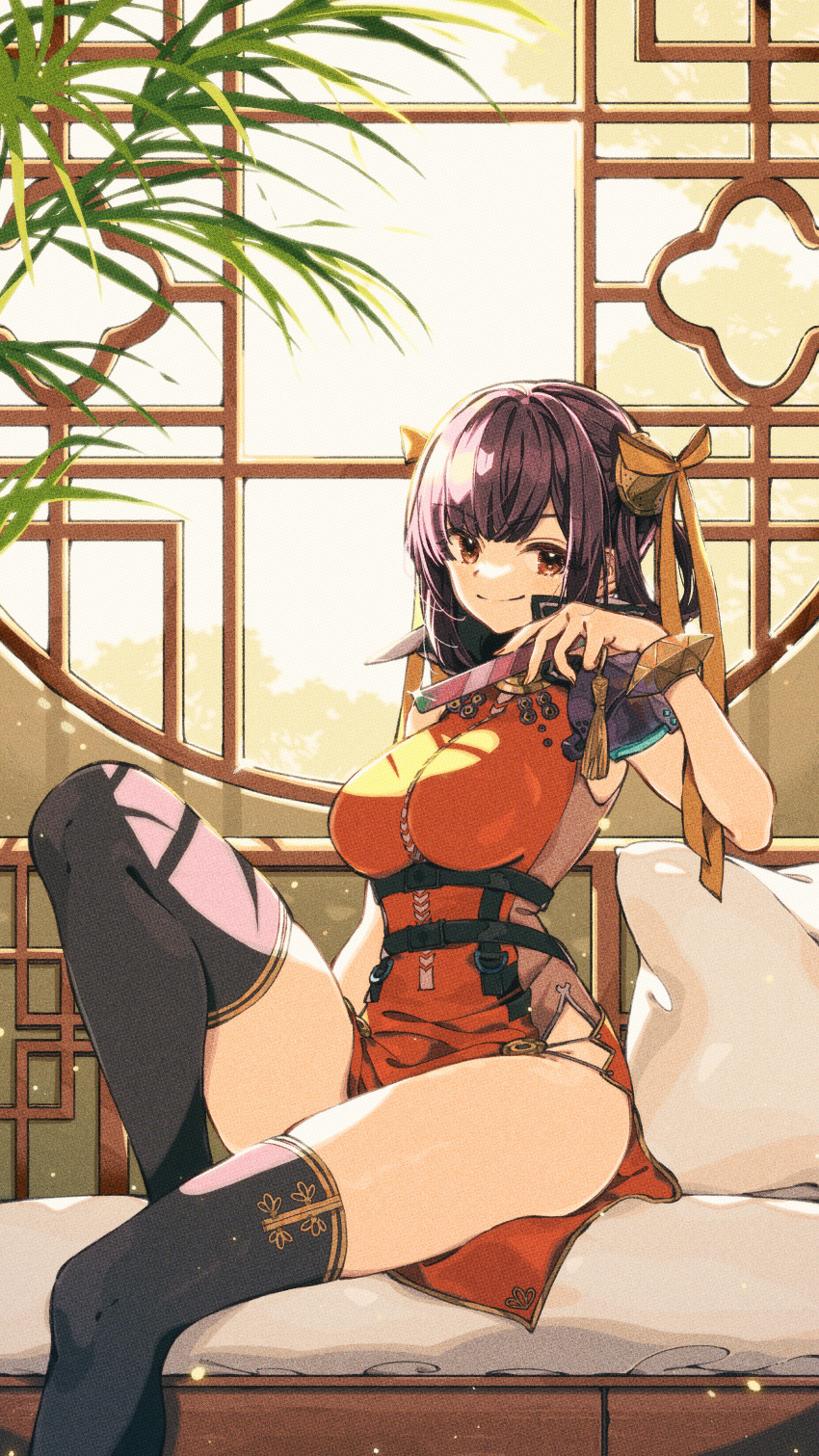 1girl absurdres armor black_hair black_thighhighs breasts chest_harness china_dress chinese_clothes dress fingernails folded_fan folding_fan glint hair_ribbon hand_fan harness heaven_burns_red highres holding holding_fan keishin large_breasts li_yingxia light_particles long_fingernails looking_at_viewer orange_eyes pelvic_curtain red_dress ribbon second-party_source shoulder_armor side_slit sitting sleeveless smile solo thighhighs upper_body window_shadow yellow_ribbon