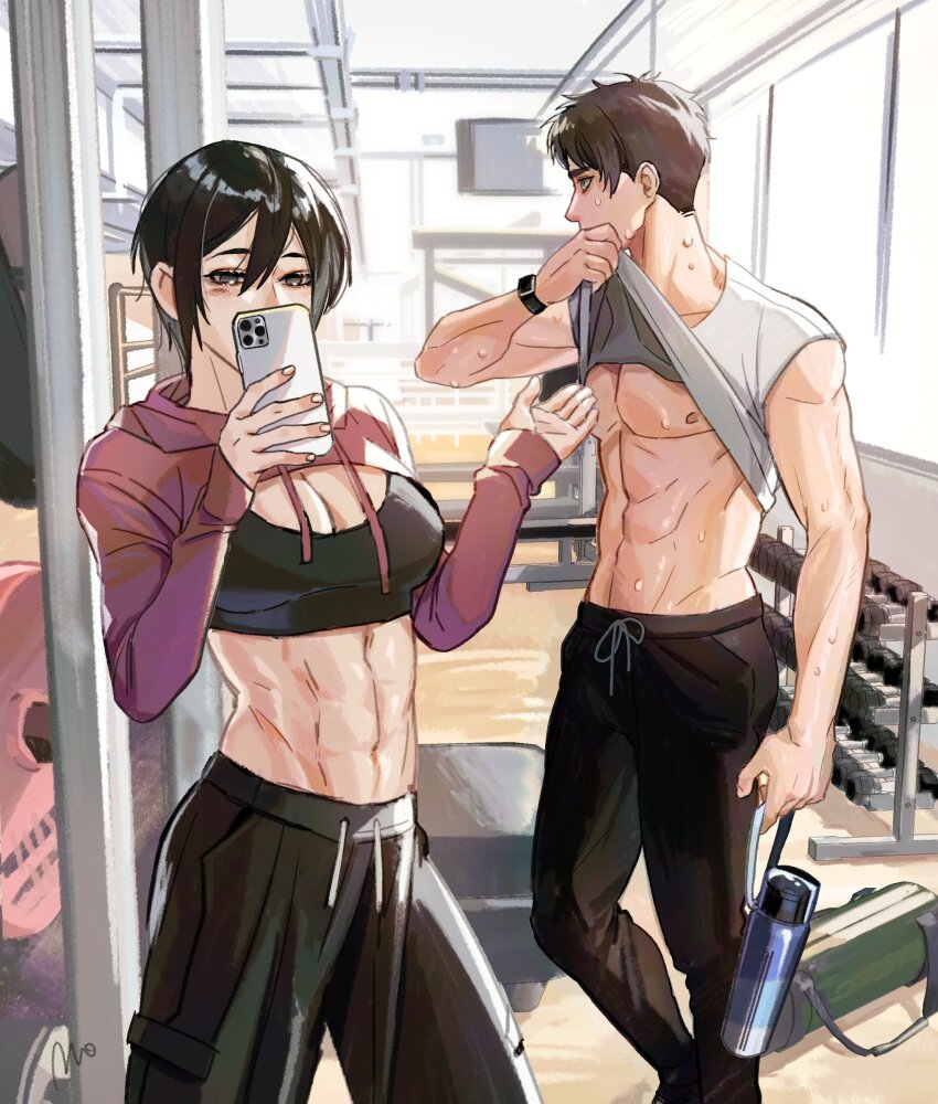 1boy 1girl abs absurdres black_bra black_hair black_pantyhose bottle bra breasts brown_hair brown_hoodie cleavage clothes_lift cow dumbbell eren_yeager facial_scar feet_out_of_frame grey_eyes gym hair_between_eyes highres holding holding_bottle holding_phone hood hood_down hoodie jumpsymphony large_breasts midriff mikasa_ackerman muscular muscular_female pantyhose pectorals phone scar scar_on_cheek scar_on_face shingeki_no_kyojin shirt shirt_lift short_hair sweat underwear water_bottle weight_bench white_shirt wiping_face wiping_sweat