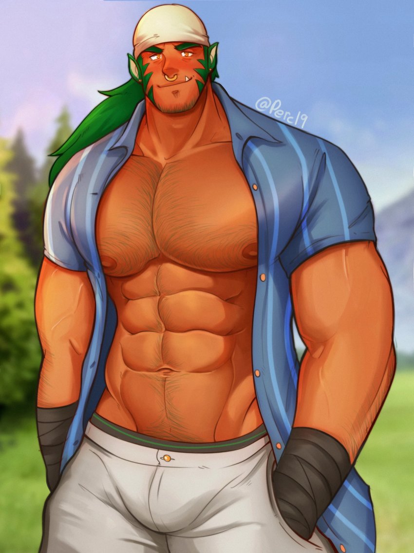 1boy abs alternate_pectoral_size animal_ears arm_hair bad_id bad_twitter_id bara bare_pectorals beard blue_shirt blush bulge casual cat_boy cat_ears chest_hair cowboy_shot dark-skinned_male dark_skin face_piercing facial_hair fang fire_emblem fire_emblem:_path_of_radiance green_hair groin hairy highres joonbean large_pectorals long_hair male_focus mature_male muarim_(fire_emblem) muscular muscular_male navel navel_hair nintendo nipples nose_piercing nose_ring open_clothes open_shirt pants pectorals piercing shirt sideburns smile solo stomach stubble thick_eyebrows thick_thighs thighs white_pants