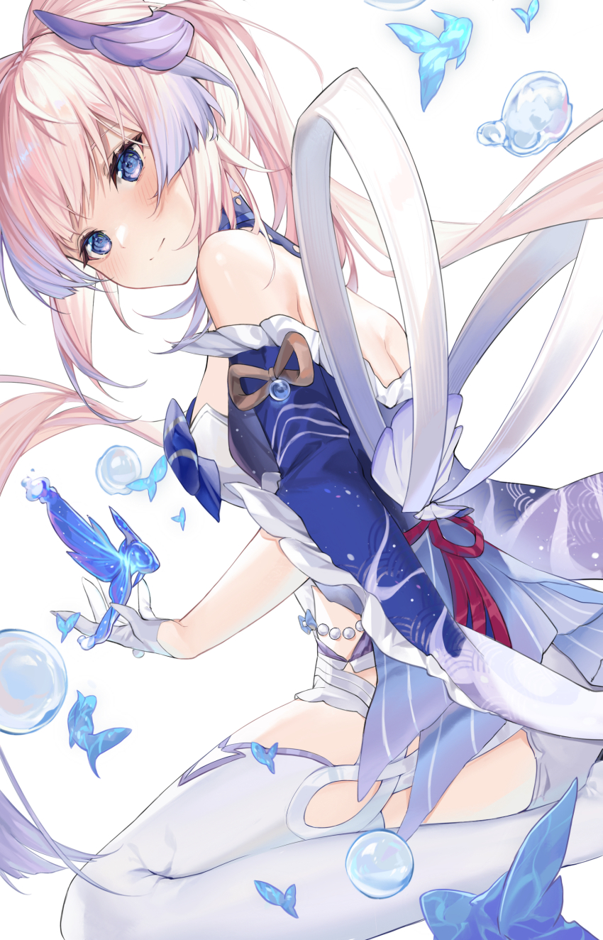 1girl absurdres bare_shoulders blush bow-shaped_hair breasts closed_mouth feet_out_of_frame fish genshin_impact gloves highres horns japanese_clothes jewelry long_hair long_sleeves longchuan medium_breasts nontraditional_miko pink_hair purple_eyes sangonomiya_kokomi simple_background solo thighhighs very_long_hair white_background white_gloves white_thighhighs wide_sleeves