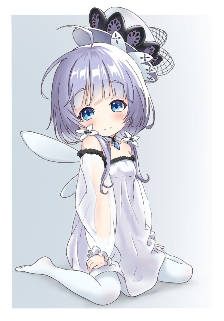 1girl ahoge azur_lane bare_shoulders blue_eyes child dress fake_wings full_body hat highres kumaji_(kumazidayo) little_illustrious_(azur_lane) long_hair looking_at_viewer low_twintails pantyhose silver_hair simple_background sitting smile solo strapless strapless_dress twintails white_background white_dress white_hat white_pantyhose wings