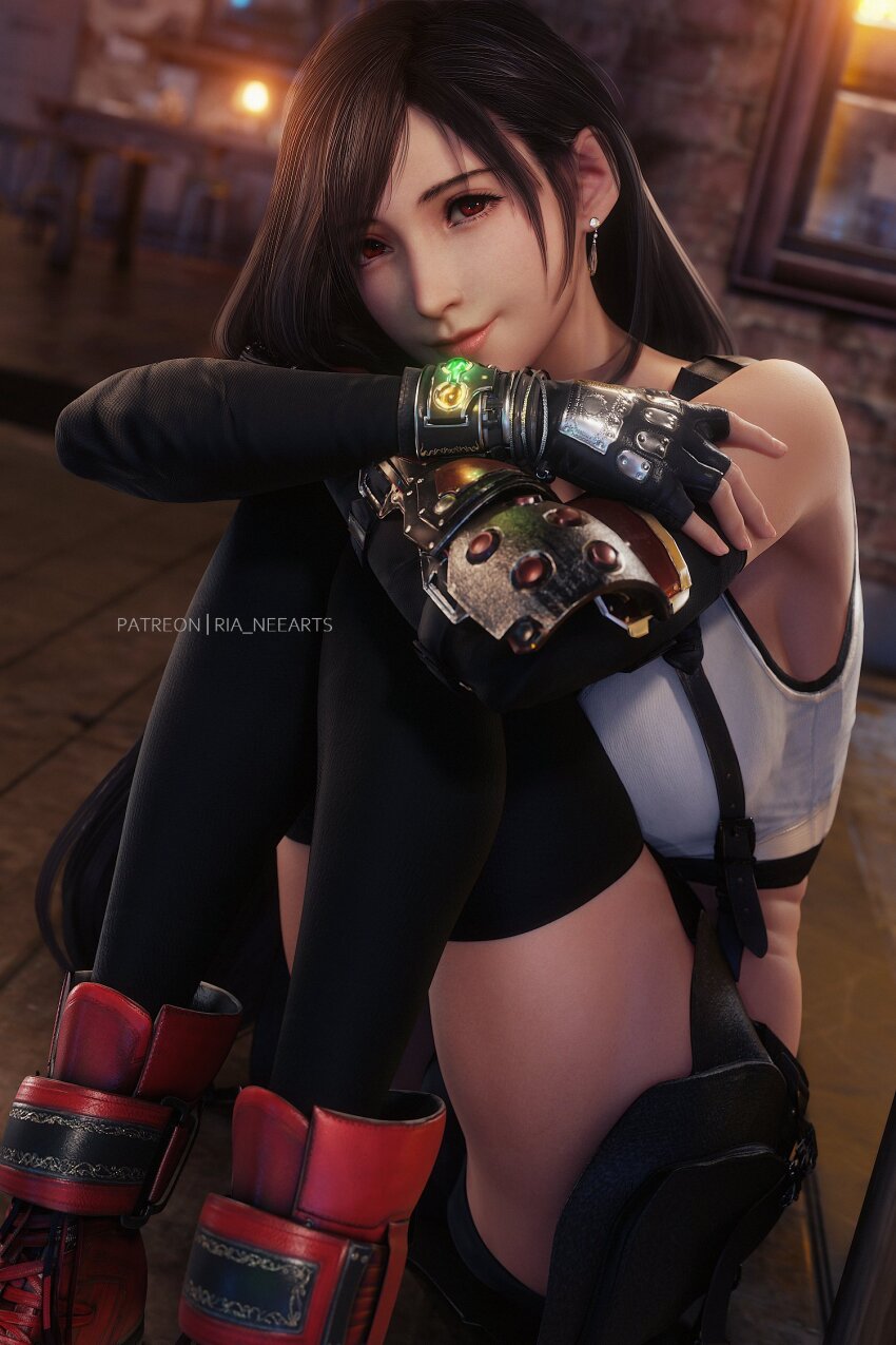 1girl 3d arm_guards artist_name ass bare_shoulders bike_shorts_under_skirt black_gloves black_hair black_skirt black_sports_bra black_thighhighs boots bracelet closed_mouth crop_top earrings elbow_gloves elbow_rest final_fantasy final_fantasy_vii final_fantasy_vii_remake fingerless_gloves gloves highres indoors jewelry knees_up lips long_hair looking_at_viewer materia red_boots red_eyes ria-neearts single_earring sitting skirt solo sports_bra square_enix suspender_skirt suspenders swept_bangs tank_top teardrop_earring thighhighs tifa_lockhart very_long_hair white_tank_top