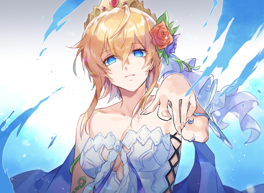 1girl bare_shoulders blue_eyes blue_flower blue_rose breasts commentary_request dress europa_(granblue_fantasy) flower granblue_fantasy hair_flower hair_ornament looking_at_viewer medium_breasts parted_lips red_flower red_rose rose short_hair sidelocks strapless strapless_dress taki_(nakochan) tiara upper_body white_dress