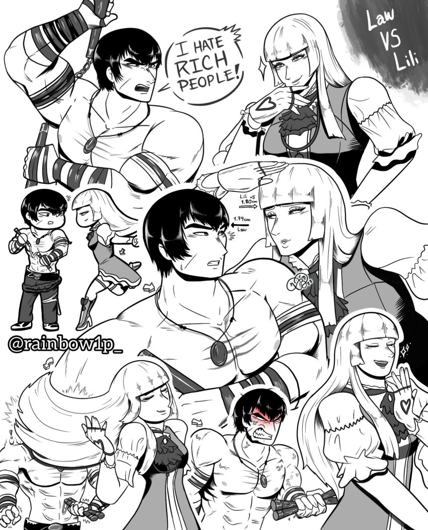 1boy 1girl blush boots breasts dress emilie_de_rochefort fingerless_gloves gloves height_envy highres laughing long_hair marshall_law medium_breasts monochrome muscular muscular_male nunchaku rainbow1p short_hair smug tekken tekken_8 topless_male weapon
