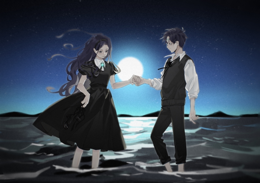 1boy 1girl arm_at_side black_dress black_footwear black_hair black_pants black_ribbon blurry breasts brooch brother_and_sister collared_shirt cross_tie crying depth_of_field dipper_gleeful dipper_pines dress floating_hair full_moon glowing gravity_falls hairband high_heels highres holding holding_footwear holding_hands holding_shoes holding_unworn_clothes jewelry lake light_smile llwwdouyacaier long_hair long_sleeves looking_at_another looking_away looking_down mabel_gleeful mabel_pines moon mountainous_horizon neck_ribbon night night_sky outdoors pants pinafore_dress profile puffy_short_sleeves puffy_sleeves reverse_falls_(gravity_falls) ribbon shirt shoes short_hair short_sleeves siblings sky sleeveless sleeveless_dress sleeves_rolled_up standing star_(sky) sweater_vest tears unworn_shoes very_long_hair wading water white_shirt wind
