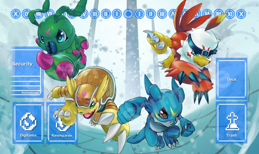 absurdres armadillo armadimon beak bird blue_eyes blue_skin bug colored_skin digimon digimon_adventure_02 digimon_card_game dragon english_text enrike_(enrique_mr_blue) full_body green_skin hawkmon highres red_eyes sample_watermark shell talons v-mon watermark wormmon yellow_skin