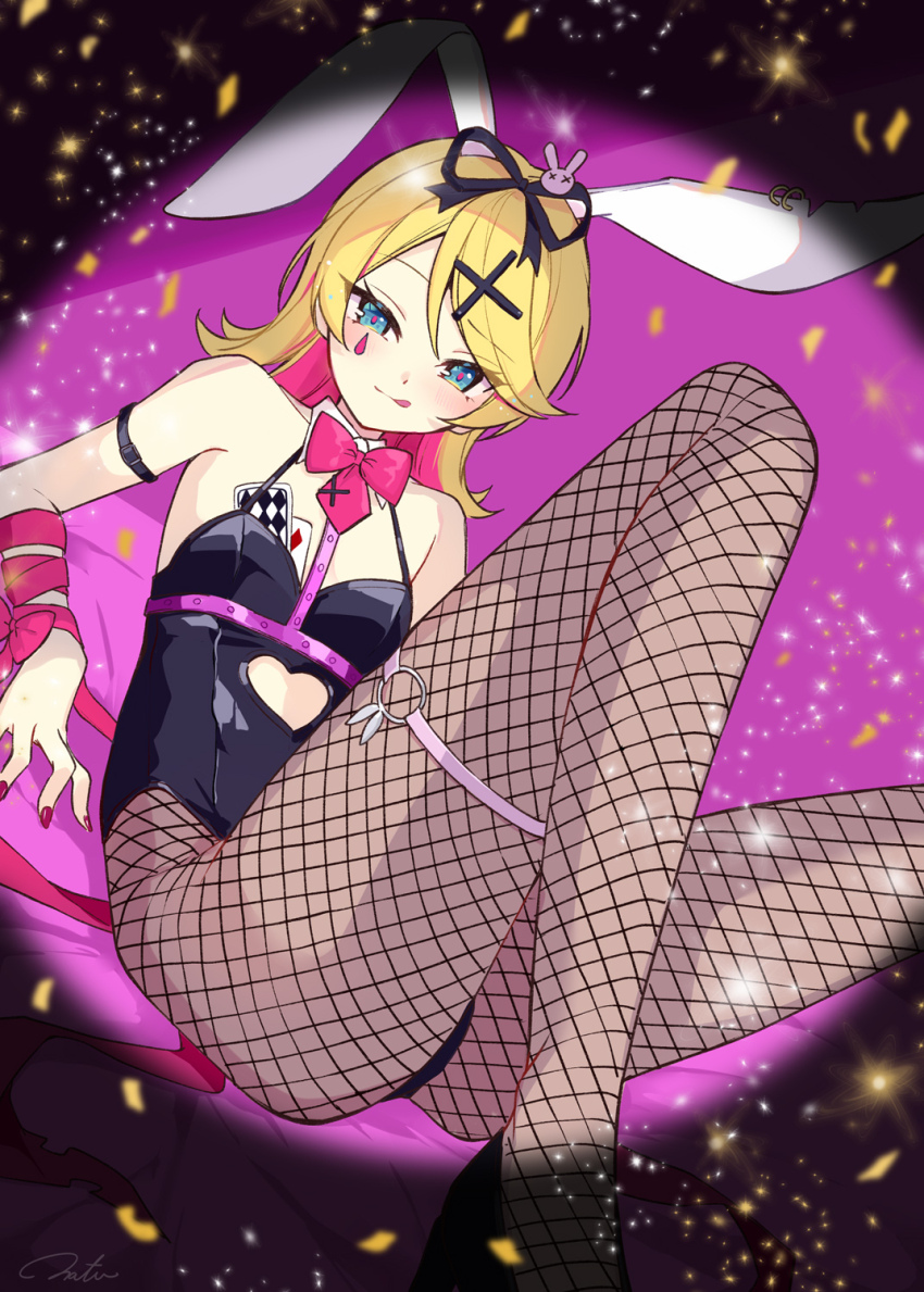 1girl animal_ears animal_hair_ornament aqua_eyes arm_ribbon bare_shoulders bed_sheet black_leotard blonde_hair bow bowtie breasts card confetti cutout_above_navel detached_collar diamond_(shape) dutch_angle fake_animal_ears fishnet_pantyhose fishnet_thighhighs fishnets flat_chest hair_ornament hairclip half-closed_eyes hazuki_natsu highleg highleg_leotard highres kagamine_rin leotard licking_lips looking_at_viewer medium_hair multicolored_hair naughty_face necktie pantyhose pink_background pink_pupils playboy_bunny rabbit_hole_(vocaloid) red_bow red_bowtie red_nails red_necktie ribbon short_necktie skinny small_breasts smike solo spaghetti_strap sparkle streaked_hair swept_bangs teardrop_facial_mark thighhighs thighs tongue tongue_out tsurime