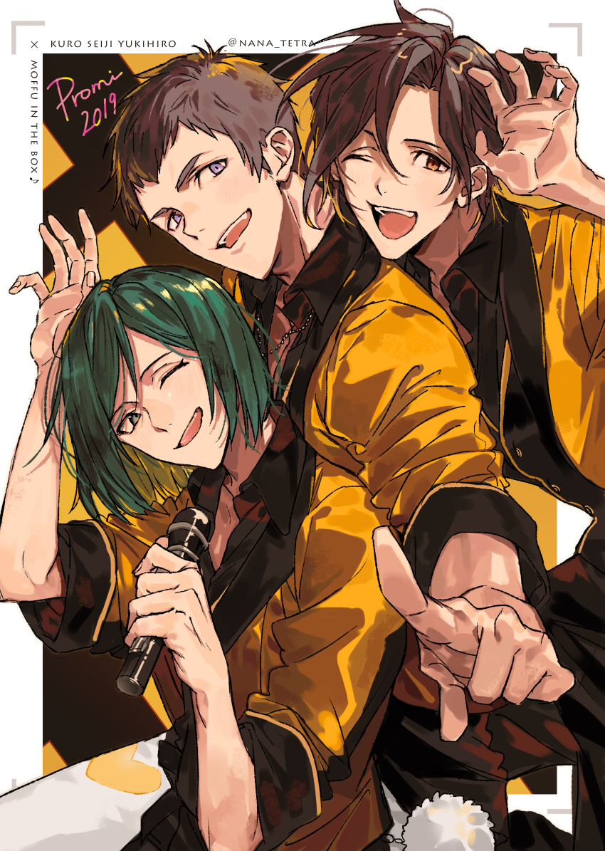 3boys absurdres black_necktie black_pants black_vest blush border brown_hair commentary commentary_request cowboy_shot english_commentary english_text green_hair grey_eyes hair_between_eyes heart heart_print highres holding holding_microphone idolmaster idolmaster_side-m index_finger_raised jacket jewelry kamiya_yukihiro kiyosumi_kuro looking_at_viewer male_focus microphone mixed-language_commentary multiple_boys nana_tetra necklace necktie one_eye_closed open_mouth orange_eyes pants paw_pose purple_eyes shingen_seiji short_hair teeth twitter_username upper_body upper_teeth_only vest white_border yellow_jacket