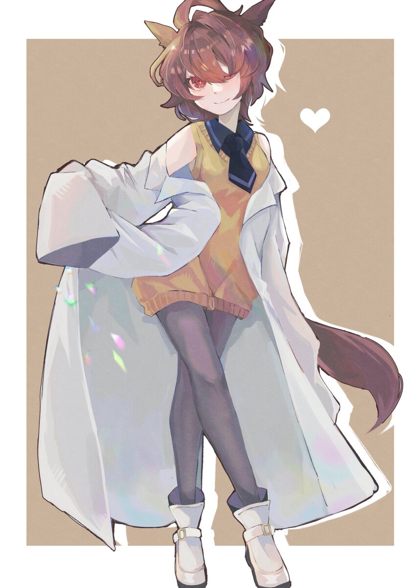 1girl agnes_tachyon_(umamusume) ahoge animal_ears ankle_boots black_necktie black_shirt boots border brown_hair closed_mouth collared_shirt crossed_legs full_body grey_pantyhose hair_between_eyes heart highres horse_ears horse_girl horse_tail lab_coat looking_at_viewer medium_hair messy_hair necktie off_shoulder one_eye_closed outside_border pantyhose red_eyes shipapome shirt short_necktie sidelocks sleeves_past_fingers sleeves_past_wrists smile solo standing sweater_vest tail umamusume very_long_sleeves white_boots white_border wide_sleeves yellow_sweater_vest