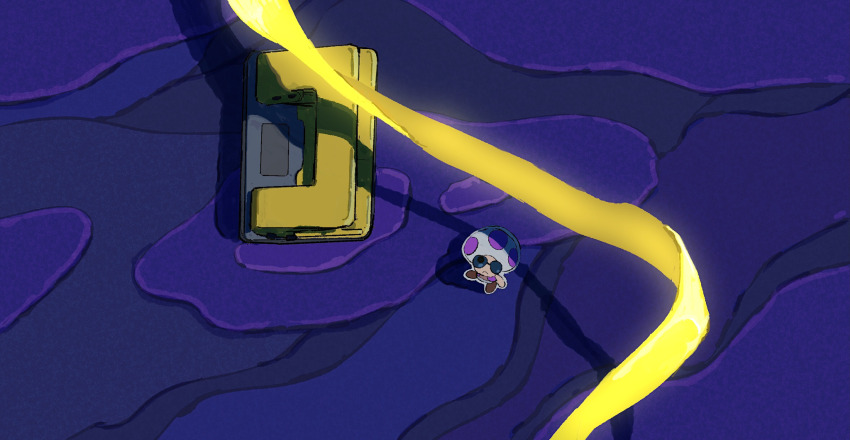 closed_mouth desert dj_toad from_above frown glasses highres hole_punch_(paper_mario) looking_at_viewer looking_up mario_(series) night nintendo no_humans opaque_glasses outdoors oversized_object paper paper_mario paper_mario:_the_origami_king purple_vest shadow soumenhiyamugi streamers sunglasses vest