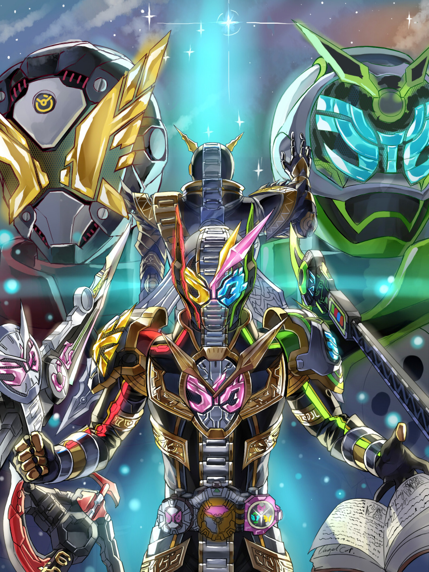 4boys armor back-to-back blue_eyes book bow_(weapon) clenched_hand crossbow rider_belt facing_away feimao_(angelcat) fusion gold_armor green_armor highres kamen_rider kamen_rider_geiz kamen_rider_woz kamen_rider_zi-o kamen_rider_zi-o_(series) kamen_rider_zi-o_trinity looking_at_viewer mask multiple_boys multiple_weapons open_hand ouma_advent_calendar ouma_zi-o pink_eyes polearm red_armor rider_belt saikyo_girade saikyo_zikan_girade spear staff trinity_riderwatch weapon yellow_eyes zikan_despear zikan_girade ziku_driver