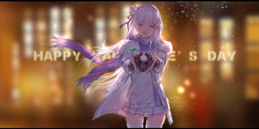 1girl :d alternate_costume backlighting blurry blurry_background box braid closed_eyes coat commentary cowboy_shot depth_of_field emilia_(re:zero) floating_hair flower fringe_trim fur-trimmed_coat fur_trim gift gift_box giving hair_flower hair_ornament hair_ribbon happy_valentine head_tilt heart-shaped_box highres holding holding_box letterboxed long_hair long_sleeves looking_at_viewer miniskirt open_clothes open_coat open_mouth outstretched_arms photoshop_(medium) pleated_skirt purple_ribbon purple_scarf re:zero_kara_hajimeru_isekai_seikatsu ribbon scarf shirt skirt smile snowing solo standing swd3e2 thighhighs valentine white_coat white_flower white_hair white_shirt white_skirt white_thighhighs wide_shot winter winter_clothes x_hair_ornament zettai_ryouiki