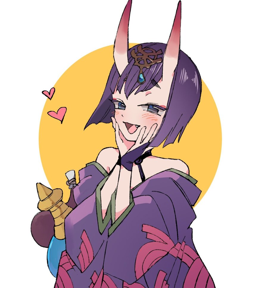 1girl bare_shoulders blunt_ends bob_cut choker commentary_request duck11_rp eyeliner fang fate/grand_order fate_(series) gourd headpiece highres horns japanese_clothes kimono loose_clothes makeup open_mouth purple_eyes purple_hair purple_kimono red_eyeliner short_hair shuten_douji_(fate) skin-covered_horns smile solo upper_body