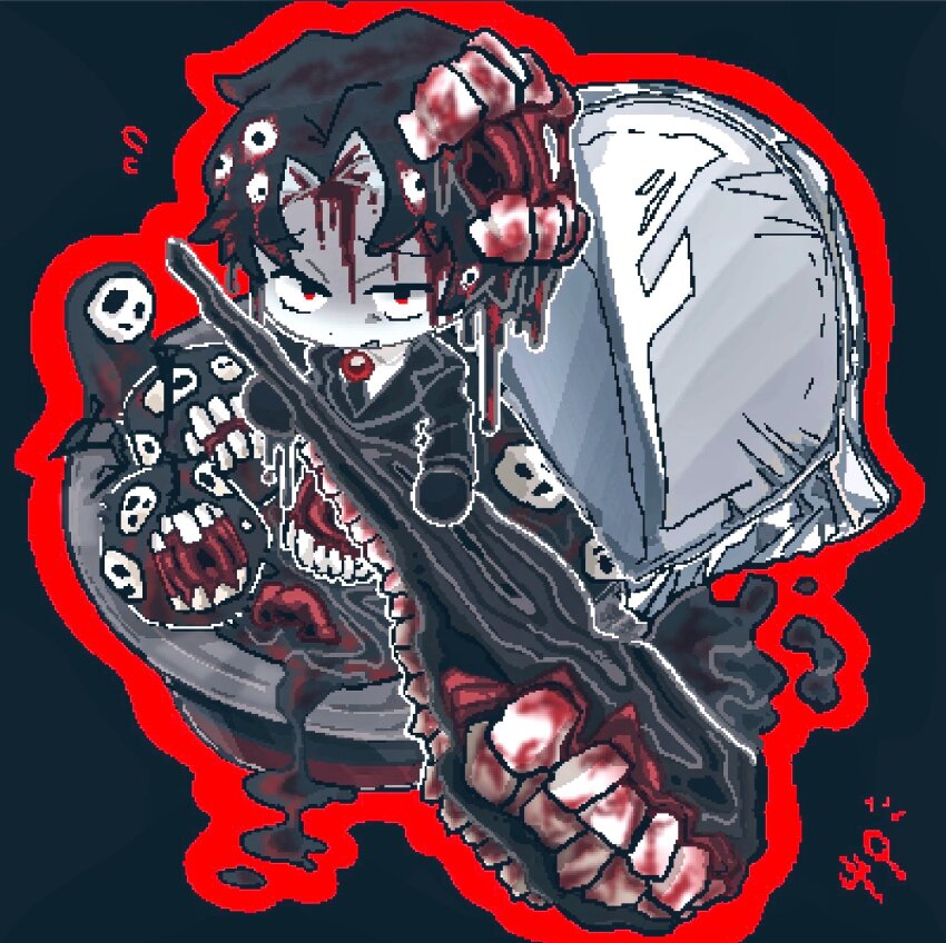 1boy black_gloves black_jacket brooch chibi e.g.o_(project_moon) extra_eyes extra_teeth food gem gloves highres holding holding_weapon hole_in_head hua_er jacket jewelry library_of_ruina long_sleeves mountain_of_smiling_bodies project_moon pudding red_eyes red_gemstone roland_(project_moon) smile_(e.g.o) solo weapon wing_collar