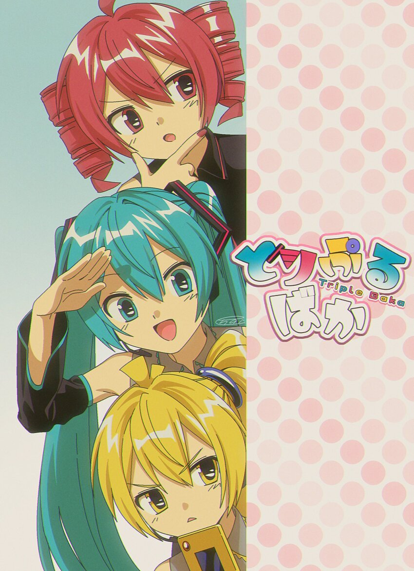 1990s_(style) 3girls :d :o ahoge akita_neru antenna_hair black_shirt blonde_hair blue_eyes blue_hair cellphone checkmark collared_shirt detached_sleeves drill_hair flip_phone gradient_background grey_shirt hair_between_eyes hand_on_own_chin hatsune_miku headphones highres kasane_teto kasane_teto_(utau) long_hair looking_at_viewer looking_to_the_side menma_(enaic31) multiple_girls nail_polish open_mouth phone polka_dot_border red_eyes red_hair red_nails retro_artstyle salute shirt short_hair side_ponytail sleeveless smile triple_baka_(vocaloid) twin_drills twintails upper_body utau vocaloid yellow_eyes