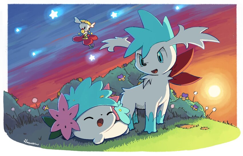 :d ^_^ aqua_eyes aquabluu artist_name black_eyes border bush closed_eyes commentary english_commentary evening flabebe flabebe_(red_flower) flower gen_4_pokemon gen_6_pokemon gradient_sky grass highres legendary_pokemon looking_at_another mythical_pokemon nintendo no_humans open_mouth outdoors pink_flower pokemon pokemon_(creature) shaymin shaymin_(land) shaymin_(sky) shooting_star sky smile solid_oval_eyes star_(symbol) sun sunset white_border white_flower yellow_flower