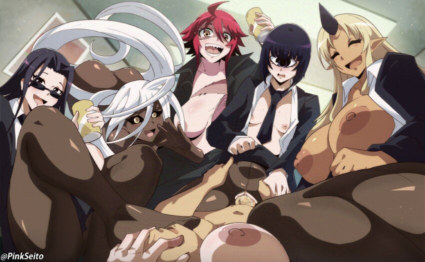 1boy 5girls absurdly_long_hair ahoge black_hair black_pantyhose black_sclera blonde_hair breasts colored_sclera cowgirl_position cyclops dark-skinned_female dark_skin doppel_(monster_musume) formal_clothes girl_on_top green_eyes hair_censor heterochromia highres horns huge_breasts large_breasts long_hair manako monster_girl monster_musume_no_iru_nichijou ms._smith multiple_girls necktie nipples ogre one-eyed oni orphen_(pink_seito) pantyhose patchwork_skin pointy_ears red_hair short_hair single_horn skirt skirt_suit small_breasts stitches straddling suit sunglasses tall tionishia torn_clothes torn_pantyhose vaginal very_long_hair white_hair yellow_eyes zombie zombina_(monster_musume)
