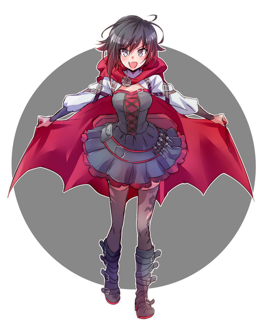 1girl ammunition ammunition_belt bag bats belt belt_buckle black_boots black_hair black_thighhighs blush boots breasts buckle cape cloak corset facing_viewer fangs female_focus full_body gradient_hair grey_eyes halloween happy highres holding holding_unworn_cape holding_unworn_clothes hood hood_down iesupa lolita_fashion looking_at_viewer medium_breasts multicolored_hair name_connection open_mouth petals red_cape red_cloak red_hair rose_petals ruby_rose rwby short_hair skirt smile solo standing thighhighs torn_clothes torn_thighhighs unworn_cape