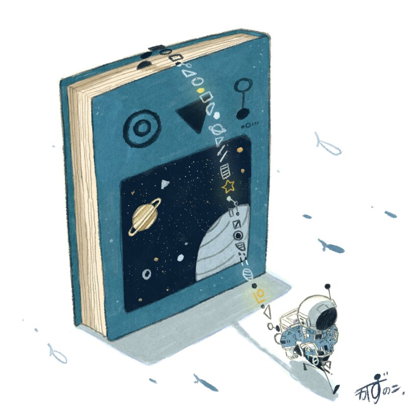 1other absurdres artist_name backpack bag blue_jacket book commentary fake_text fish flying_fish gloves helmet highres holding jacket kazunoko_(kazunoko_zunoco) original other_focus planet planetary_ring radio_antenna shadow signature solo space space_helmet standing star_(sky) walking white_gloves