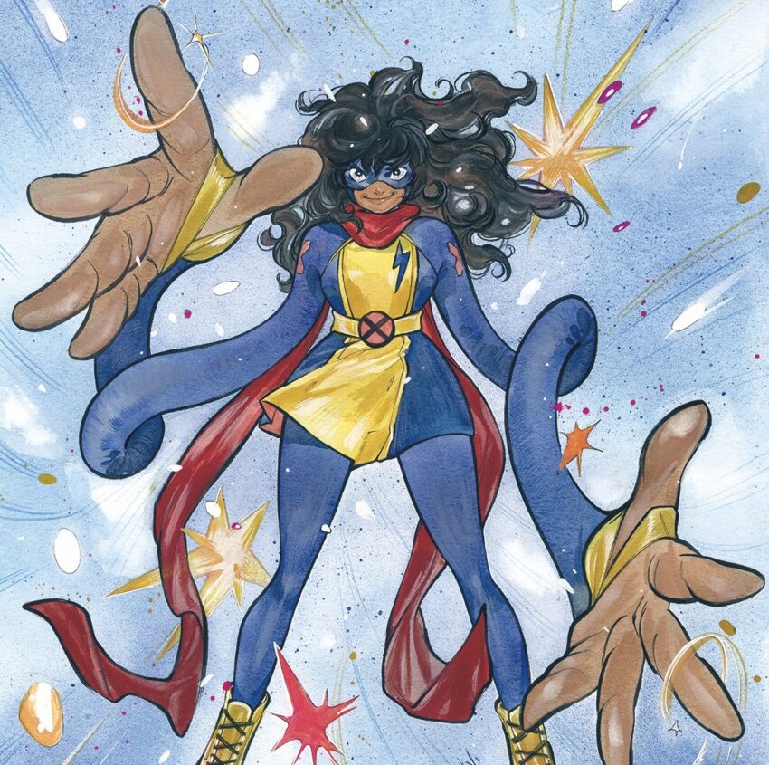 1girl black_eyes black_hair blue_background commentary curly_hair dark-skinned_female dark_skin domino_mask kamala_khan marvel mask ms._marvel ms._marvel_(series) peach_momoko red_scarf scarf smile solo superhero_costume symbol-only_commentary x-men