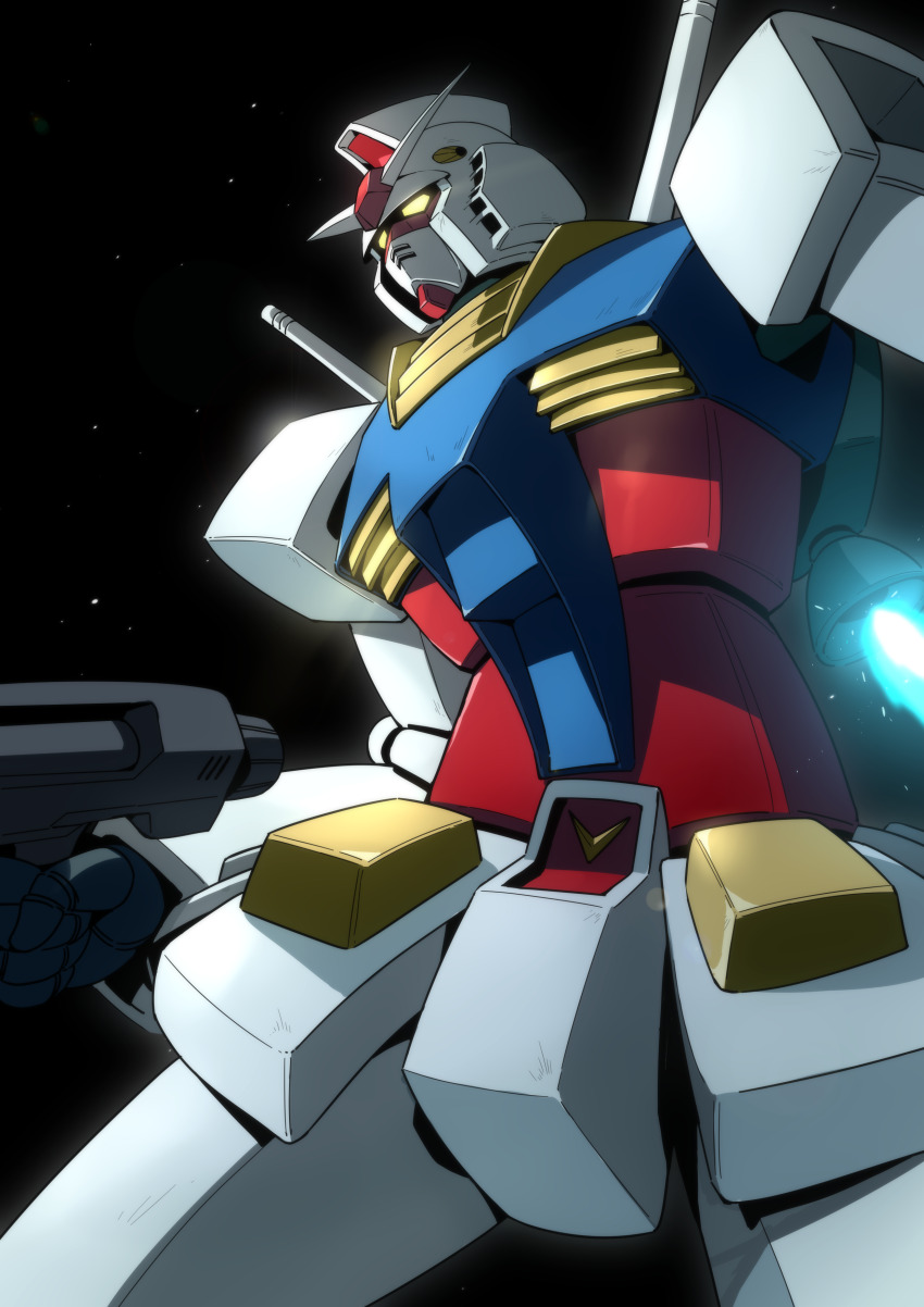 absurdres beam_rifle energy_gun glowing glowing_eyes gundam highres mecha mecha_focus mobile_suit mobile_suit_gundam no_humans robot rx-78-2_gundam science_fiction shanyao_jiang_tororo space v-fin weapon