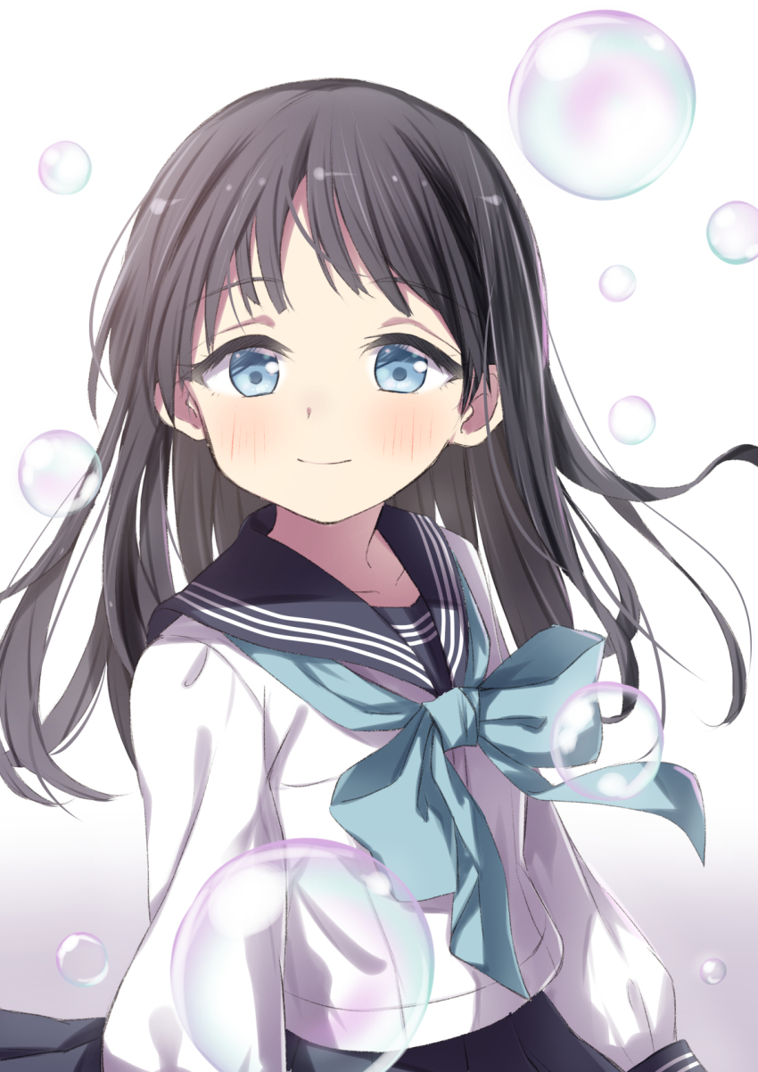 1girl air_bubble akebi-chan_no_serafuku akebi_komichi black_hair black_sailor_collar blue_bow blue_eyes blue_neckerchief blunt_bangs bow bubble commentary_request highres ichiyo12 long_hair long_sleeves looking_at_viewer neckerchief roubai_academy_school_uniform_(old) sailor_collar school_uniform serafuku shirt smile solo upper_body white_shirt
