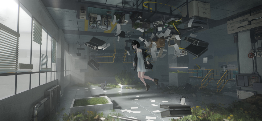 1girl absurdres animal_ear_fluff animal_ears black_footwear black_hair black_jacket cabinet cable cash_register chair computer_keyboard dress floating flower grass grey_dress hair_behind_ear heater high_heels highres indoors jacket lampshade machine monitor off_shoulder original paper photocopier power_strip railing red_eyes rotarran scenery short_hair solo stairs upside-down whiteboard window window_blinds