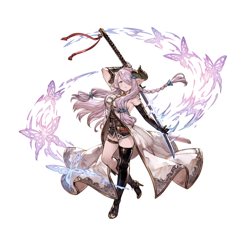 1girl belt blue_eyes boots breasts bug butterfly draph full_body gloves granblue_fantasy hair_ornament hairclip hairpin high_heels horns insect katana large_breasts leg_belt long_coat long_hair narmaya_(granblue_fantasy) official_art pink_hair pointy_ears sheath solo sword thigh_strap transparent_background weapon