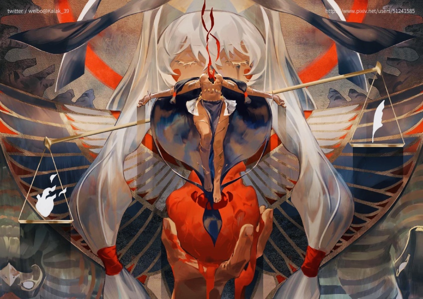 1girl ancient_egyptian ancient_egyptian_clothes animal_ears antenna_hair balance_scale belly_chain blood breasts closed_eyes colored_inner_hair dark-skinned_female dark_skin facepaint facial_mark fate/grand_order fate_(series) hairband heart_(organ) highres holding_heart_(organ) jackal_ears jewelry kalak_39 long_hair low-tied_long_hair medium_breasts multicolored_hair nitocris_(fate) nitocris_alter_(fate) purple_hair sidelocks solo usekh_collar very_long_hair weighing_scale white_hair