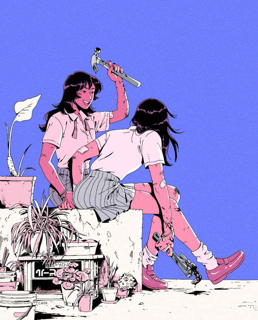 2girls artist_name bandaid bandaid_on_arm black_blood black_eyes black_hair black_liquid blood blood_on_tool blue_background bracelet bucket choo collared_shirt colored_skin commentary cuts dark_skin dripping english_commentary film_grain from_behind grey_skirt hammer hand_up highres holding holding_hammer holding_hands holding_tool holding_weapon holding_wrench injury jewelry laughing leaf loafers long_hair looking_at_another multiple_girls necktie open_mouth original pink_necktie pink_shoes pink_skin plant pleated_skirt potted_plant school_uniform shelf shirt shoes short_sleeves signature simple_background sitting skirt smile socks undone_necktie weapon white_shirt white_socks wrench