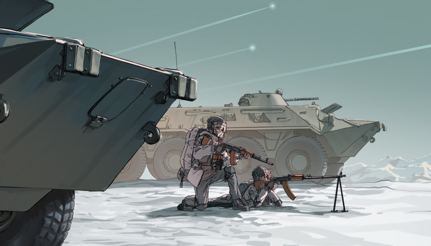 2girls aiming ak-74 armored_personnel_carrier armored_vehicle assault_rifle backpack bag beanie bipod blonde_hair boots brown_gloves brown_hair callsign:_cedar check_weapon closed_mouth commentary_request contrail eungeung expressionless fingerless_gloves gloves grey_footwear grey_pants gun hat highres holding holding_gun holding_weapon jacket kalashnikov_rifle knee_pads korean_commentary light_machine_gun lisa_(callsign:_cedar) load_bearing_vest lying machine_gun military_combat_uniform military_uniform military_vehicle motor_vehicle multiple_girls on_stomach outdoors pants pouch rifle rpk-74 short_hair sketch sky snow trigger_discipline vehicle_request weapon weapon_request white_bag white_jacket wide_shot