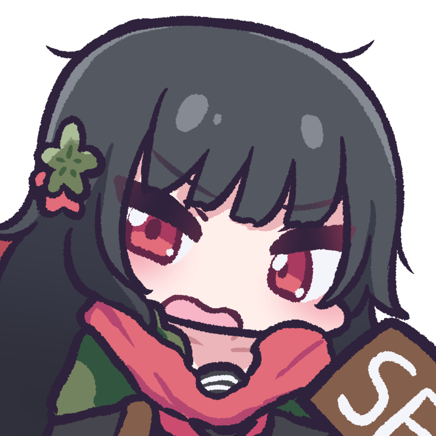 1girl absurdres black_hair black_shirt blunt_bangs chibi collarbone commentary_request flower girls&#039;_frontline hair_flower hair_ornament highres holding holding_sign long_hair looking_at_viewer neckerchief open_mouth panatisia peanut_mouth red_eyes red_neckerchief red_scarf scarf school_uniform serafuku shirt sidelocks sign simple_background solo type_100_(girls&#039;_frontline) upper_body white_background