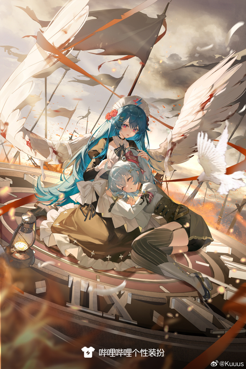 2girls angel_wings ankle_socks bili_girl_22 bili_girl_33 bilibili bird black_bow black_bowtie black_footwear black_skirt black_thighhighs black_vest blood bloody_wings blue_hair blue_sky boots bow bowtie chinese_commentary chinese_text clock closed_eyes cloud cloudy_sky collar commentary_request cross cross_print day detached_collar dove embers fire flag flower frilled_collar frilled_skirt frills full_body grey_socks hair_between_eyes hair_flower hair_ornament hairclip hands_on_another&#039;s_head hat high_heel_boots high_heels highres injury kneeling kuuus lace lace-trimmed_skirt lace_trim lap_pillow layered_legwear light_blush lightning_bolt_print long_hair long_skirt looking_at_another miniskirt multiple_girls nurse_cap outdoors parted_lips pink_eyes pumps red_ribbon red_wings ribbed_legwear ribbon shirt showgirl_skirt skirt sky sleeping socks spread_wings striped_bow striped_bowtie striped_clothes striped_thighhighs sunlight thighhighs torn_ribbon translation_request twintails vertical-striped_clothes vertical-striped_thighhighs very_long_hair vest waist_bow watermark weibo_watermark white_bow white_collar white_hat white_shirt wings x_hair_ornament