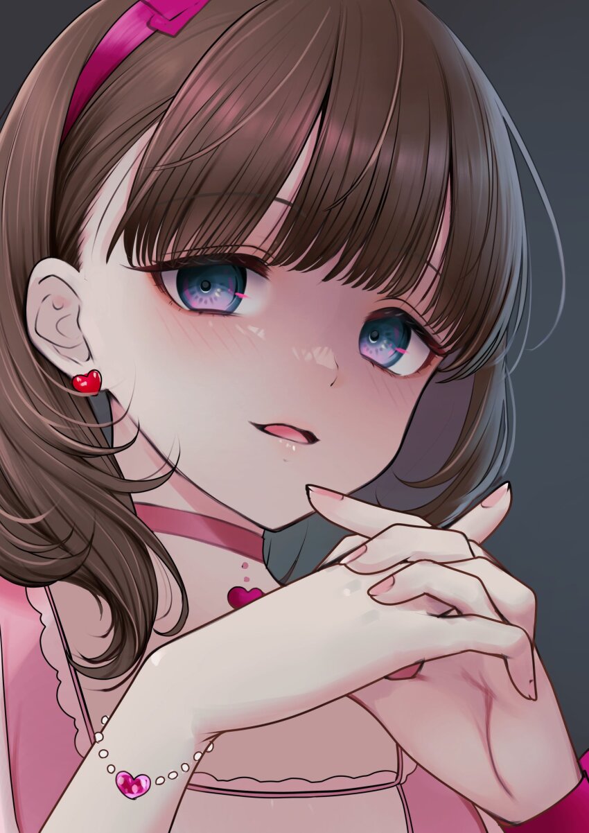 blue_eyes brown_hair earrings hairband heart heart_earrings heart_necklace heart_pendant highres idolmaster idolmaster_cinderella_girls jewelry looking_at_viewer necklace pink_hairband ribbon sakuma_mayu saltylemontea short_hair shoulder_necklace simple_background wrist_ribbon