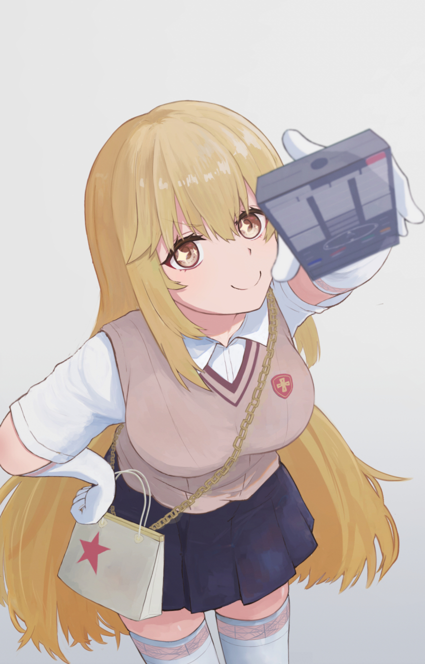 1girl aiming aiming_at_viewer bag black_skirt blonde_hair breasts brown_sweater_vest closed_mouth collared_shirt commentary controller elbow_gloves gloves grey_background hair_between_eyes hand_on_own_hip handbag highres holding holding_remote_control large_breasts leaning_forward long_hair looking_at_viewer miniskirt pleated_skirt remote_control school_emblem school_uniform shirt shokuhou_misaki short_sleeves skirt smile solo sparkling_eyes spider_web_print star_(symbol) star_print summer_uniform sweater_vest symbol-shaped_pupils thighhighs toaru_kagaku_no_mental_out toaru_kagaku_no_railgun toaru_majutsu_no_index tokiwadai_school_uniform v-neck white_gloves white_shirt white_thighhighs yata_kamiwaboku yellow_eyes zettai_ryouiki