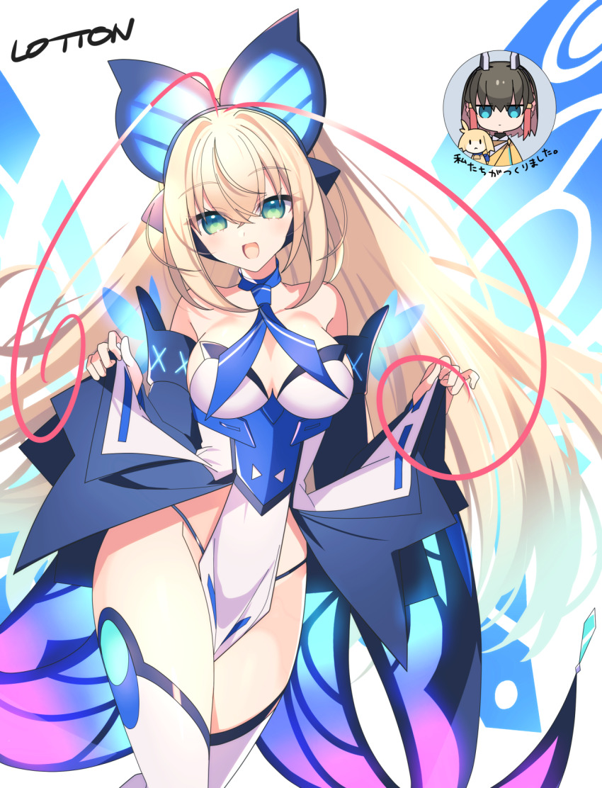 2girls antenna_hair azure_striker_gunvolt azure_striker_gunvolt_3 bare_shoulders black_panties black_sleeves blonde_hair breasts butterfly_hair_ornament butterfly_wings chibi chibi_inset clothes_lift commentary_request cowboy_shot dress dress_lift energy_wings green_eyes gunvolt hair_ornament highleg highleg_panties highres idol insect_wings kirin_(gunvolt) large_breasts lololotton long_hair lumen_(gunvolt) multicolored_hair multiple_girls open_mouth panties pink_hair smile solo_focus strapless strapless_dress thighhighs translation_request two-tone_hair underwear very_long_hair white_background white_thighhighs wide_sleeves wings
