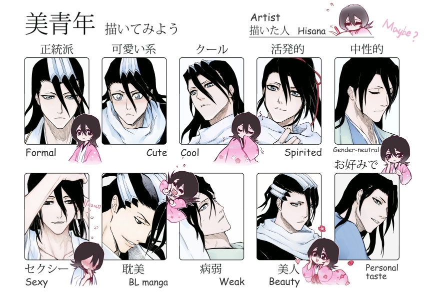 1boy 1girl absurdres antatica11 bilingual_text black_hair bleach blue_eyes blush chibi chinese_commentary commentary_request english_text expression_chart flying_sweatdrops frown hair_down hair_ornament highres kuchiki_byakuya kuchiki_hisana lying mixed-language_text multiple_expressions on_back ponytail scarf smile translation_request veins white_scarf