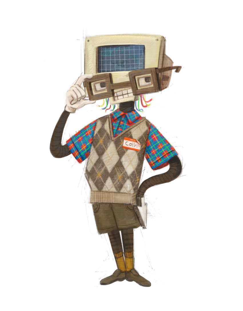 1boy absurdres adjusting_eyewear black_eyes black_shorts cable checkered_clothes checkered_shirt colin_the_computer collared_shirt don&#039;t_hug_me_i&#039;m_scared full_body gloves highres humanization looking_to_the_side male_focus multicolored_hair multicolored_shirt name_tag rectangular_mouth robot sharkker-dude shirt shorts single_glove socks solo standing sweater_vest teeth white_gloves yellow_socks