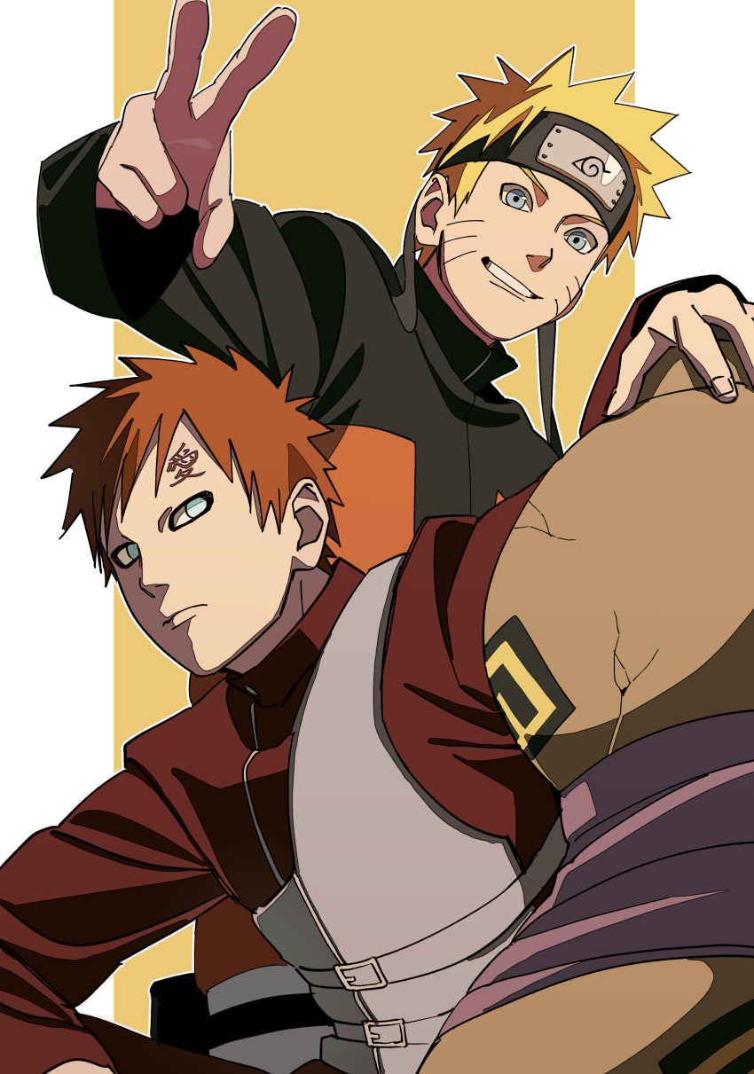 2boys absurdres black_jacket blonde_hair blue_eyes facial_mark forehead_protector gaara_(naruto) gourd highres jacket konohagakure_symbol long_sleeves looking_at_viewer male_focus multiple_boys naruto_(series) naruto_shippuuden outline pnpk_1013 red_eyes red_shirt shirt short_hair smile uzumaki_naruto v whisker_markings white_outline