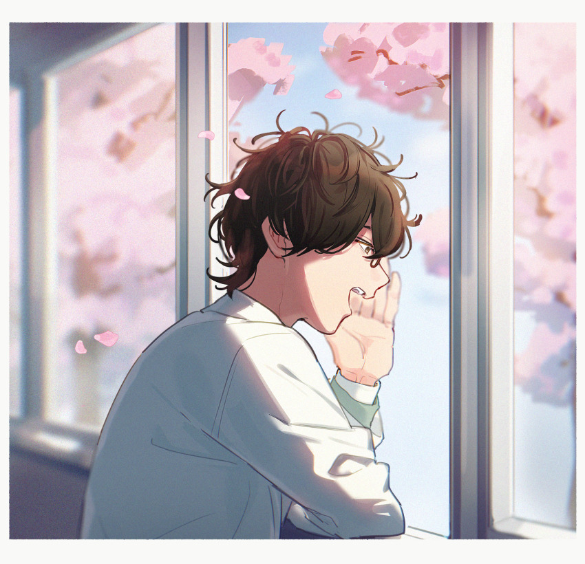 1boy aam09212 brown_hair cherry_blossoms glasses highres indoors kamen_rider kamen_rider_gavv_(series) long_sleeves male_focus petals short_hair solo suga_kenzo sunlight upper_body window